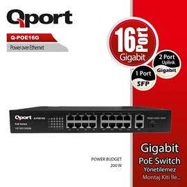 QPORT Q-POE16G 16 PORT 10/100/1000 POE 2 PORT UPLINK + 1 SFP 200W YONETILEMEZ DESKTOP SWITCH