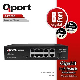 QPORT Q-POE8G 8 PORT 10/100/1000 POE 2 PORT UPLINK 120W YONETILEMEZ DESKTOP SWITCH