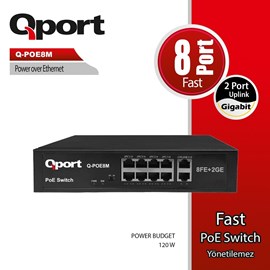 QPORT Q-POE8M 8 PORT 10/100 POE 2 PORT UPLINK 120W YONETILEMEZ DESKTOP SWITCH